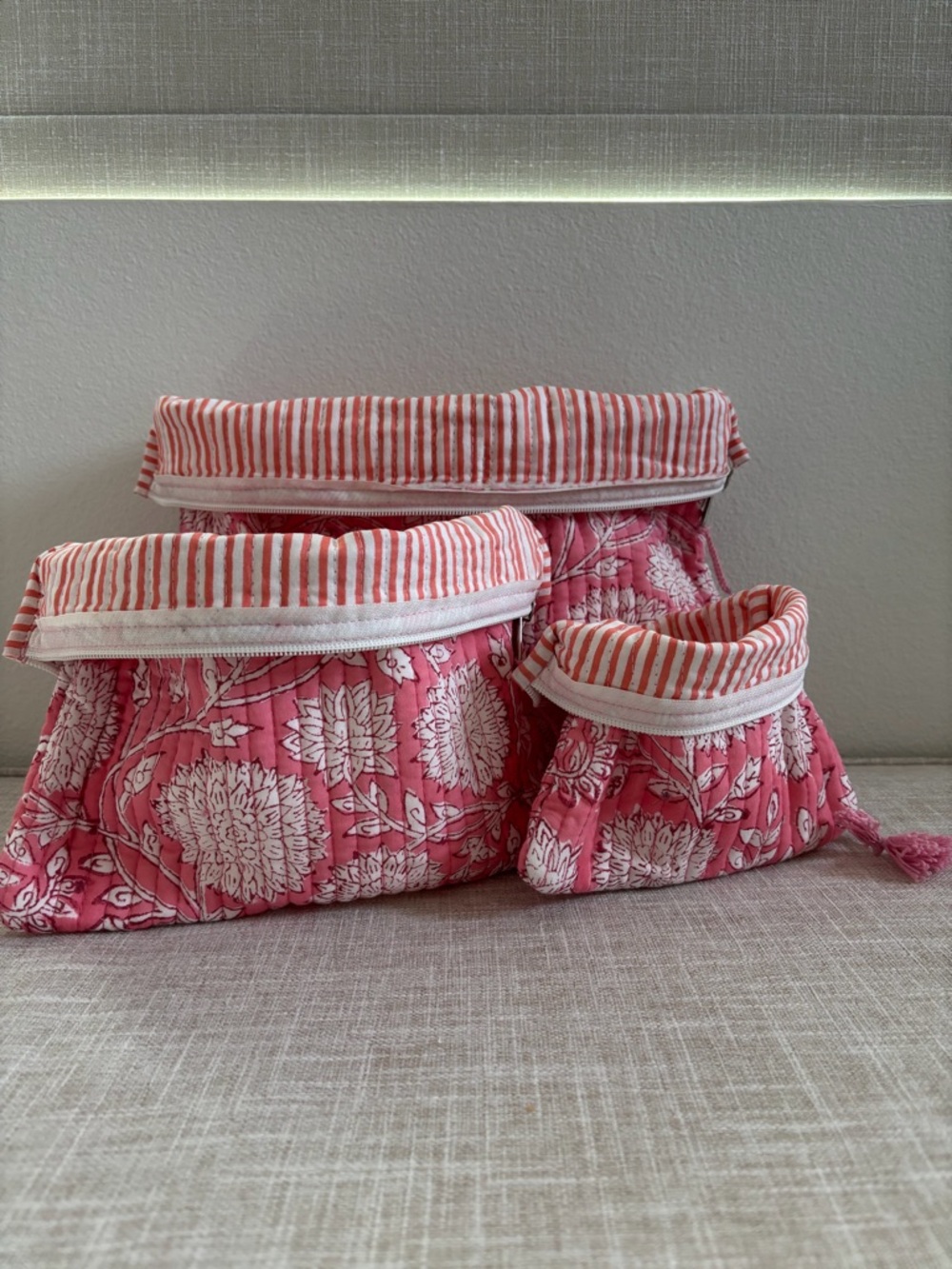 Pink Floral Quilted Cosmetic Pouch Trio